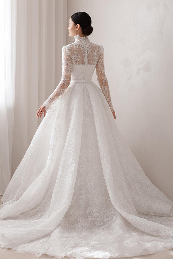 Exquisite Lace Wedding Dress V Neck Full Sleeves