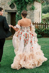 Off The Shoulder Colorful Embrioiderey Puffy Mesh Wedding Dress