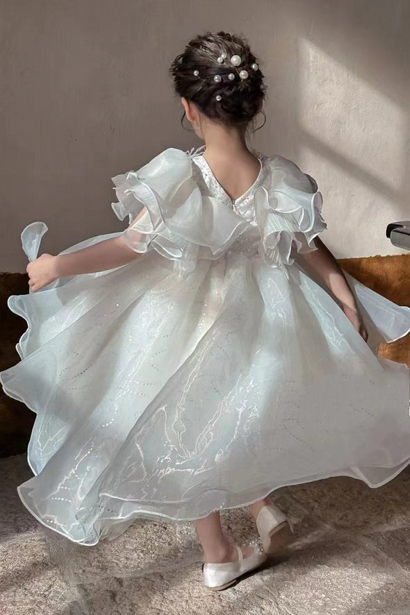 White High Low Ball Gown Flower Girl Party Dress