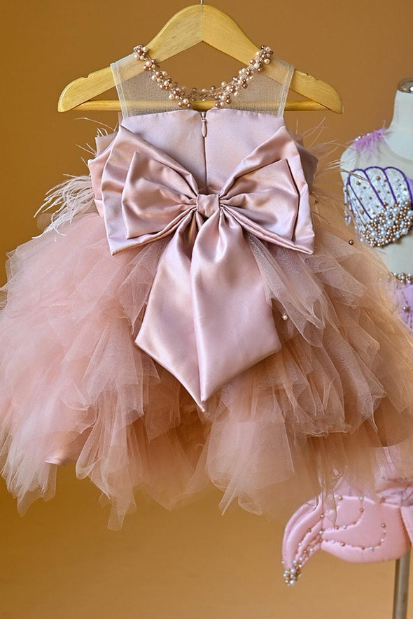 Pink Tulle Flower Girl Dress With Feathers