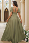 V Neck Chiffon Dusty Sage Long Bridesmaid Dress