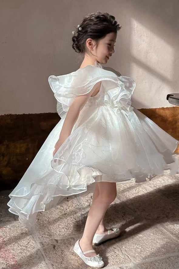 White High Low Ball Gown Flower Girl Party Dress