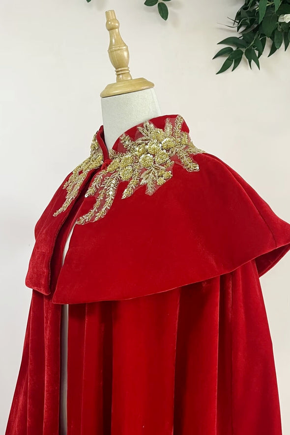 Red Velvet Long Women Cape Winter Cloak With Gold Appliques