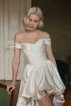 Short Front Long Back Satin Wedding Dress Off The Shoulder