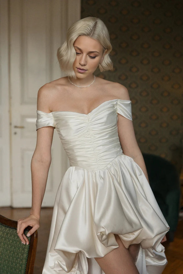 Short Front Long Back Satin Wedding Dress Off The Shoulder