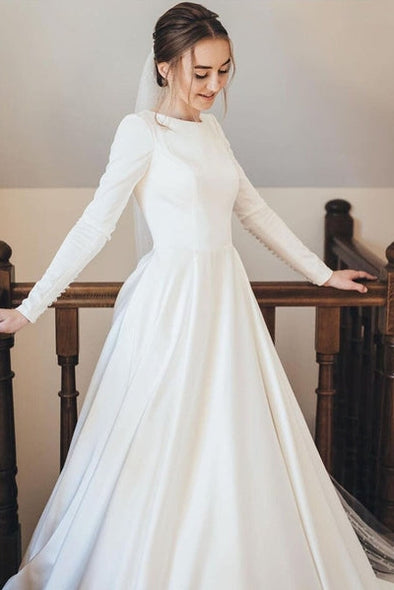 A Line Satin Modest Wedding Dress With Sleeves