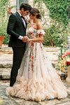 Off The Shoulder Colorful Embrioiderey Puffy Mesh Wedding Dress