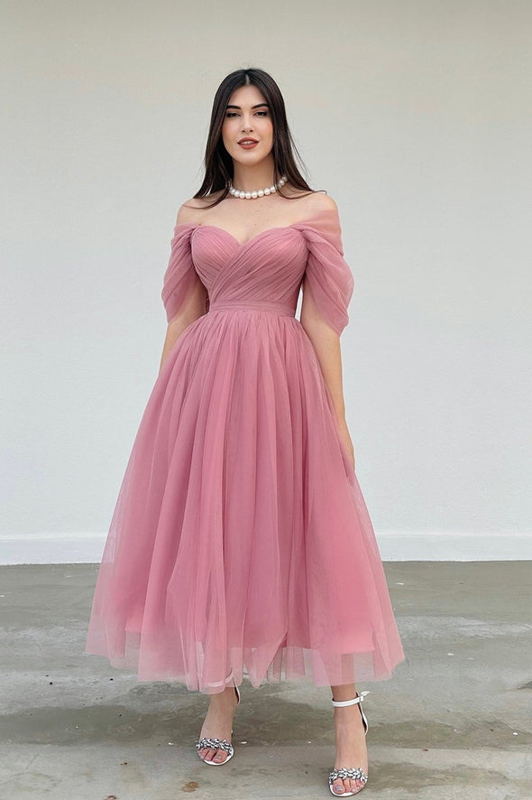 Dusty Pink Off The Shoulder A Line Prom Dresses