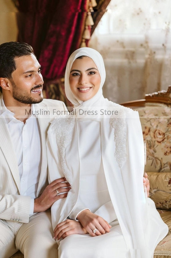 Modest Muslim White Wedding Dresses with Cape