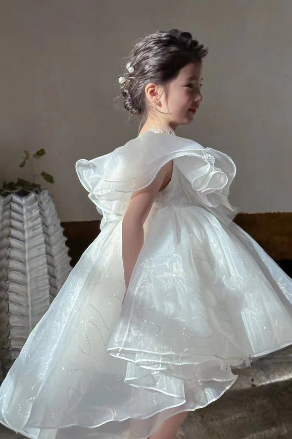 White High Low Ball Gown Flower Girl Party Dress