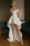 Short Front Long Back Satin Wedding Dress Off The Shoulder