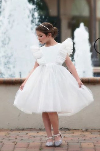 A Line Tulle Ruffles Sleeves Flower Girl Party Gown