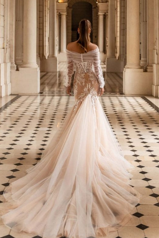 Champagne Wedding Dress with Sleeves Mermaid Silhouette