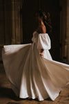 Ivory Satin Long Wedding Dress With Detachable Sleeves