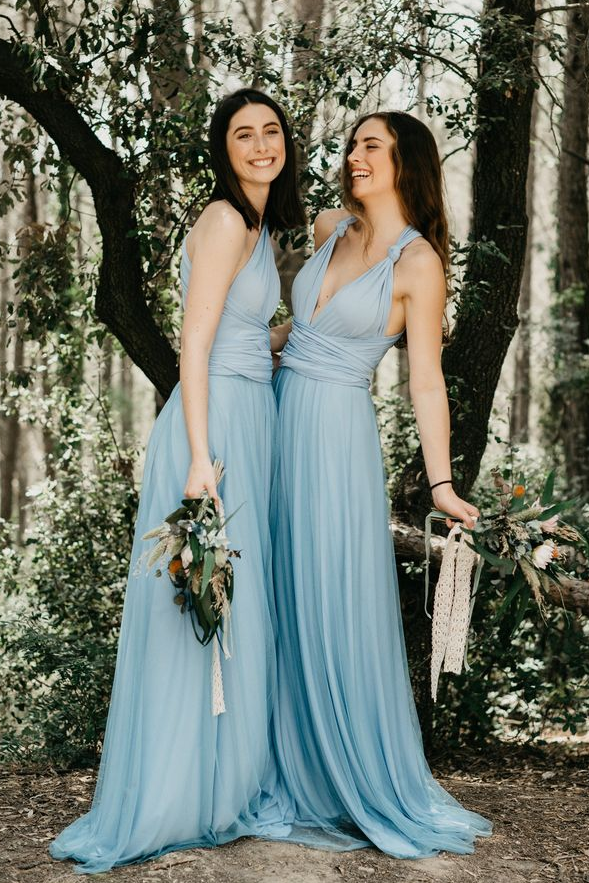 Fairy Long Modest Light Blue Bridesmaid Dresses