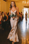 Champagne Long Simple Bridesmaid Dress Side Split