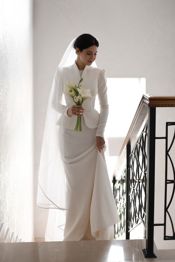 Modest Full Sleeves Wedding Dresses Sheath Simple Satin Bridal Gown