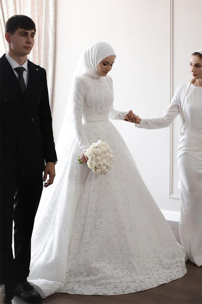 Long Sleeve Lace Muslim Wedding Dress Vintage Bridal Gown