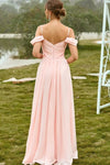 Pink Long Chiffon A Line Bridesmaid Dress Off The Shoulder