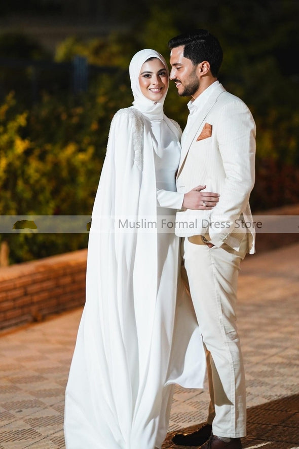 Modest Muslim White Wedding Dresses with Cape