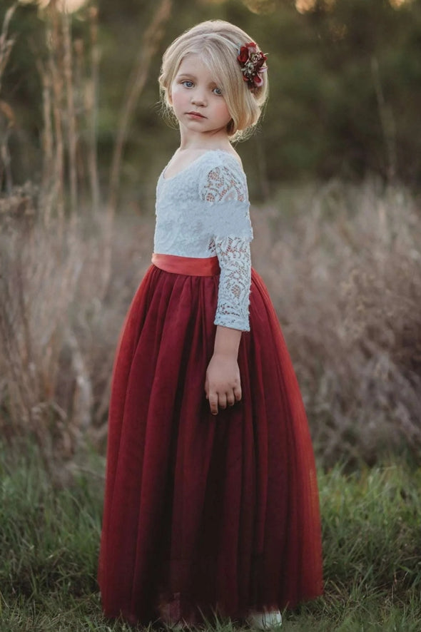 V Back Long Sleeves Lace Tulle Flower Girl Dress