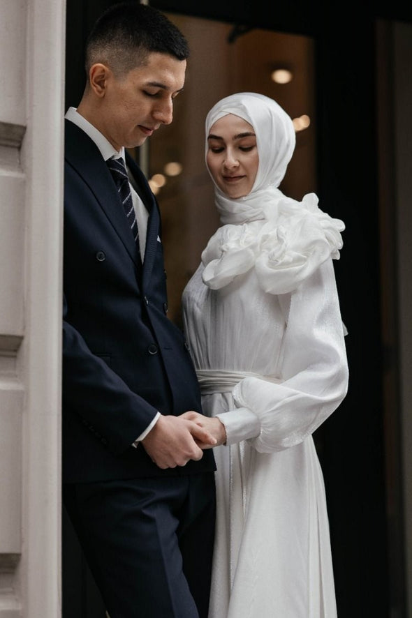 A Line Wedding Dress Full Sleeves Romantic Muslim Wedding Gown