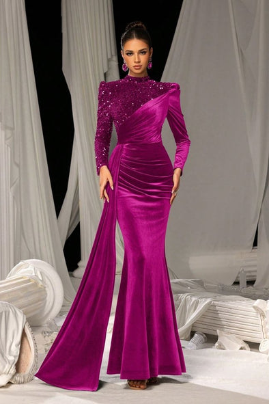 Fuchsia Sequins Long Sheath Evening Gown Velvet