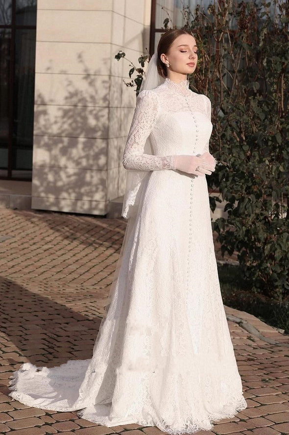 Wedding Gowns High Neck Buttons Formal Bride Dress