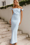 Sky Blue Off The Shoulder Ankle Length Simple Bridesmaid Dress