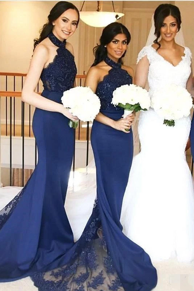 Navy Blue Mermaid Bridesmaid Dresses Halter Neck