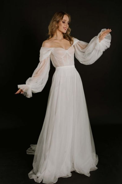 Bohemian Off The Shoulder Tulle A Line Wedding Gown