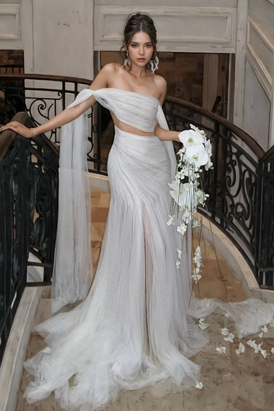 Tulle Mermaid Long Wedding Dress With Slit