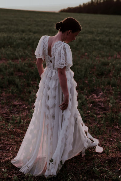 Lace Bohemian Long Wedding Dress V Back With Ruffles