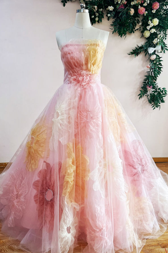 Unique Pink Ball Gown Prom Dress 3D Big Flower