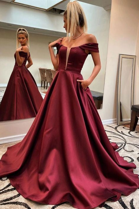 Scoop Neck  A Line Red Satin Long Prom Gown