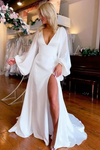 A Line Long Sleeves Backless Wedding Dress Side Slit