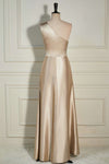 One Shoulder A Line Pink Long Bridesmaid Dress Side Zipper