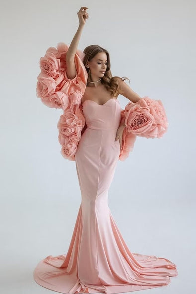 Pink Mermaid Evening Dress With Rose Flower Cape