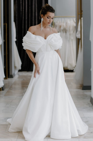 Charming Off The Shoulder Pleat Sweetheart Satin A Line Wedding Dresses