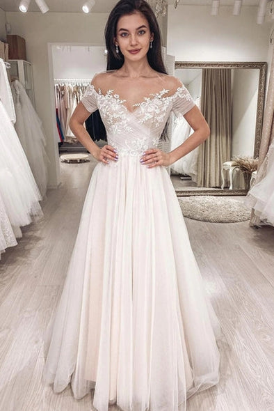 A Line Short Sleeves Illusion Neck Wedding Dress