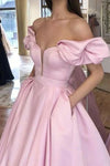 Pink Off The Shoulder A Line Long Prom Dresses