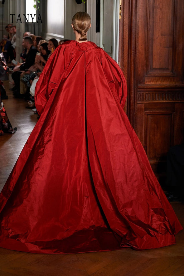 Red Taffeta Puff Wedding Cape With Long Train