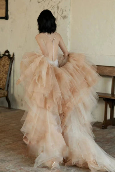 Nude Champagne Tulle Wedding Cape Layers DJ359