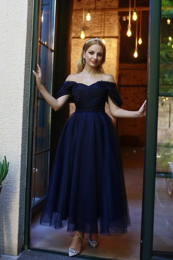 Off The Shoulder Beaded Plear Sweethart Prom Dresses