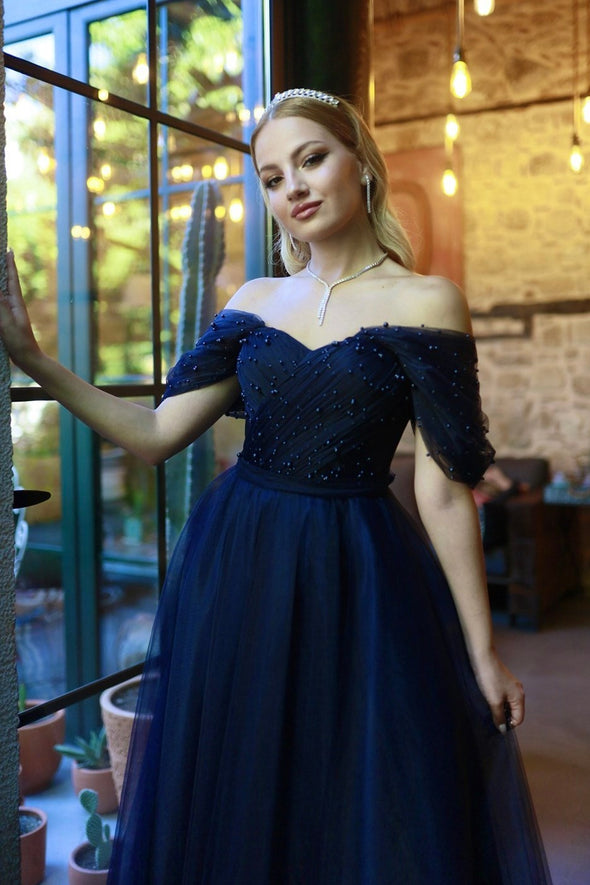 Off The Shoulder Beaded Plear Sweethart Prom Dresses