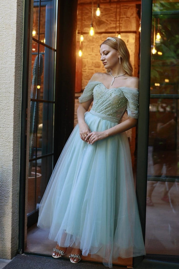 Off The Shoulder Beaded Plear Sweethart Prom Dresses