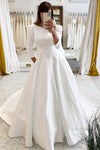 Vintage A-Line Long Satin Bateau-Neck Wedding Dress