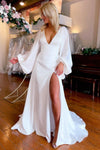 White Satin Simple A-Line Long Wedding Dress With Slit