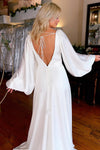 White Satin Simple A-Line Long Wedding Dress With Slit