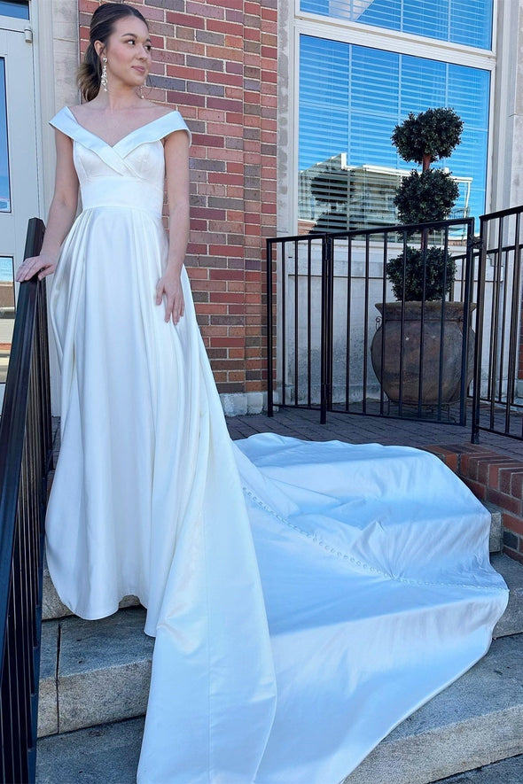 V-Neck High-Waist A-Line Long Wedding Dress